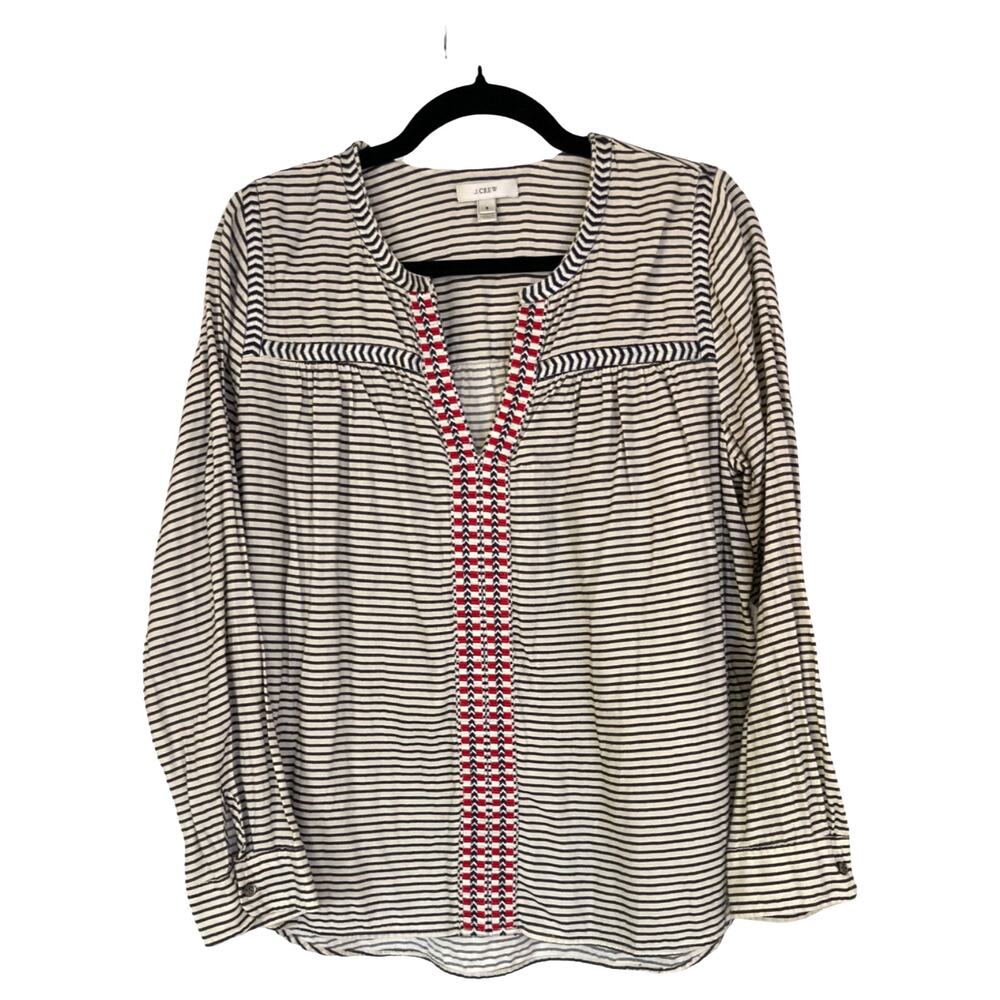 J Crew Striped Embroidered Tunic Top Size 8 Navy White Red Boho Peasant